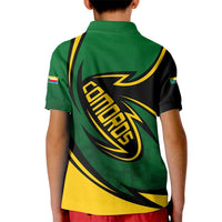 Comoros Kid Polo Shirt with Green Black Yellow Swirl Design and National Emblem Pattern