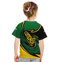 Comoros Kid T Shirt with Green Black Yellow Swirl Design and National Emblem Pattern