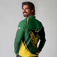 Comoros Long Sleeve Polo Shirt with Green Black Yellow Swirl Design and National Emblem Pattern
