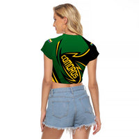 Comoros Raglan Cropped T Shirt with Green Black Yellow Swirl Design and National Emblem Pattern