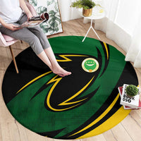 Comoros Round Carpet with Green Black Yellow Swirl Design and National Emblem Pattern