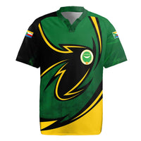 Comoros Rugby Jersey with Green Black Yellow Swirl Design and National Emblem Pattern