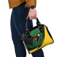 Comoros Shoulder Handbag with Green Black Yellow Swirl Design and National Emblem Pattern