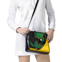 Comoros Shoulder Handbag with Green Black Yellow Swirl Design and National Emblem Pattern