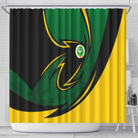 Comoros Shower Curtain with Green Black Yellow Swirl Design and National Emblem Pattern