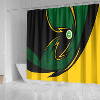 Comoros Shower Curtain with Green Black Yellow Swirl Design and National Emblem Pattern