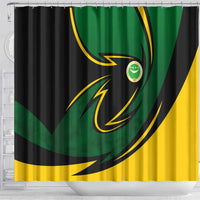 Comoros Shower Curtain with Green Black Yellow Swirl Design and National Emblem Pattern