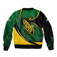 Comoros Sleeve Zip Bomber Jacket with Green Black Yellow Swirl Design and National Emblem Pattern