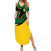 Comoros Summer Maxi Dress with Green Black Yellow Swirl Design and National Emblem Pattern