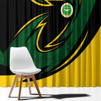 Comoros Window Curtain with Green Black Yellow Swirl Design and National Emblem Pattern