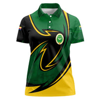 Comoros Women Polo Shirt with Green Black Yellow Swirl Design and National Emblem Pattern