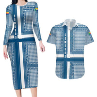 Comoros Couples Matching Long Sleeve Bodycon Dress and Hawaiian Shirt with Blue and White Traditional Geometric Pattern and National Flag Detail