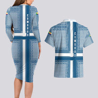 Comoros Couples Matching Long Sleeve Bodycon Dress and Hawaiian Shirt with Blue and White Traditional Geometric Pattern and National Flag Detail