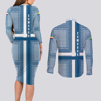 Comoros Couples Matching Long Sleeve Bodycon Dress and Long Sleeve Button Shirt with Blue and White Traditional Geometric Pattern and National Flag Detail