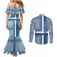 Comoros Couples Matching Mermaid Dress and Long Sleeve Button Shirt with Blue and White Traditional Geometric Pattern and National Flag Detail