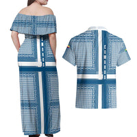 Comoros Couples Matching Off Shoulder Maxi Dress and Hawaiian Shirt with Blue and White Traditional Geometric Pattern and National Flag Detail