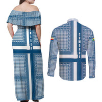 Comoros Couples Matching Off Shoulder Maxi Dress and Long Sleeve Button Shirt with Blue and White Traditional Geometric Pattern and National Flag Detail
