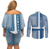 Comoros Couples Matching Off Shoulder Short Dress and Long Sleeve Button Shirt with Blue and White Traditional Geometric Pattern and National Flag Detail