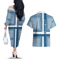 Comoros Couples Matching Off The Shoulder Long Sleeve Dress and Hawaiian Shirt with Blue and White Traditional Geometric Pattern and National Flag Detail