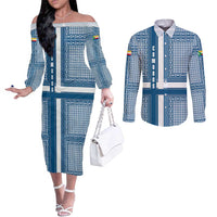Comoros Couples Matching Off The Shoulder Long Sleeve Dress and Long Sleeve Button Shirt with Blue and White Traditional Geometric Pattern and National Flag Detail