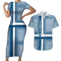 Comoros Couples Matching Short Sleeve Bodycon Dress and Hawaiian Shirt with Blue and White Traditional Geometric Pattern and National Flag Detail