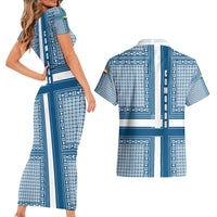 Comoros Couples Matching Short Sleeve Bodycon Dress and Hawaiian Shirt with Blue and White Traditional Geometric Pattern and National Flag Detail