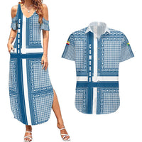 Comoros Couples Matching Summer Maxi Dress and Hawaiian Shirt with Blue and White Traditional Geometric Pattern and National Flag Detail