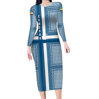 Comoros Family Matching Long Sleeve Bodycon Dress and Hawaiian Shirt with Blue and White Traditional Geometric Pattern and National Flag Detail