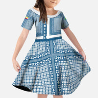 Comoros Family Matching Mermaid Dress and Hawaiian Shirt with Blue and White Traditional Geometric Pattern and National Flag Detail