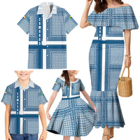 Comoros Family Matching Mermaid Dress and Hawaiian Shirt with Blue and White Traditional Geometric Pattern and National Flag Detail