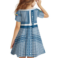 Comoros Family Matching Off Shoulder Maxi Dress and Hawaiian Shirt with Blue and White Traditional Geometric Pattern and National Flag Detail