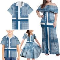 Comoros Family Matching Off Shoulder Maxi Dress and Hawaiian Shirt with Blue and White Traditional Geometric Pattern and National Flag Detail