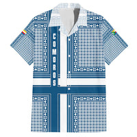 Comoros Family Matching Off Shoulder Short Dress and Hawaiian Shirt with Blue and White Traditional Geometric Pattern and National Flag Detail