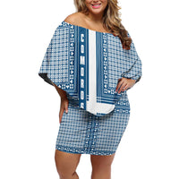 Comoros Family Matching Off Shoulder Short Dress and Hawaiian Shirt with Blue and White Traditional Geometric Pattern and National Flag Detail