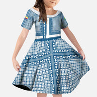 Comoros Family Matching Puletasi and Hawaiian Shirt with Blue and White Traditional Geometric Pattern and National Flag Detail