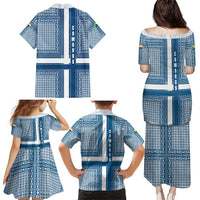 Comoros Family Matching Puletasi and Hawaiian Shirt with Blue and White Traditional Geometric Pattern and National Flag Detail