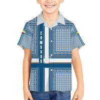 Comoros Family Matching Puletasi and Hawaiian Shirt with Blue and White Traditional Geometric Pattern and National Flag Detail