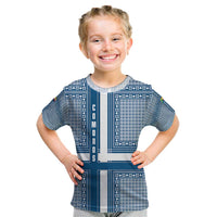 Comoros Kid T Shirt with Blue and White Traditional Geometric Pattern and National Flag Detail
