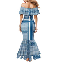 Comoros Mermaid Dress with Blue and White Traditional Geometric Pattern and National Flag Detail
