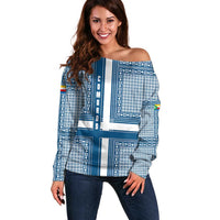 Comoros Off Shoulder Sweater with Blue and White Traditional Geometric Pattern and National Flag Detail