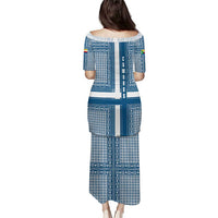 Comoros Puletasi with Blue and White Traditional Geometric Pattern and National Flag Detail