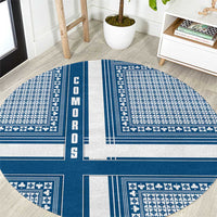 Comoros Round Carpet with Blue and White Traditional Geometric Pattern and National Flag Detail