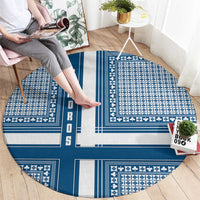 Comoros Round Carpet with Blue and White Traditional Geometric Pattern and National Flag Detail