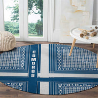 Comoros Round Carpet with Blue and White Traditional Geometric Pattern and National Flag Detail