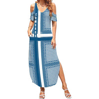 Comoros Summer Maxi Dress with Blue and White Traditional Geometric Pattern and National Flag Detail
