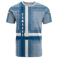 Comoros T Shirt with Blue and White Traditional Geometric Pattern and National Flag Detail