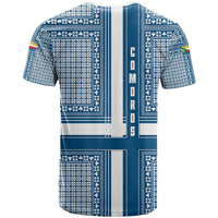 Comoros T Shirt with Blue and White Traditional Geometric Pattern and National Flag Detail