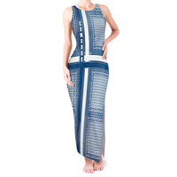 Comoros Tank Maxi Dress with Blue and White Traditional Geometric Pattern and National Flag Detail