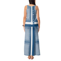 Comoros Tank Maxi Dress with Blue and White Traditional Geometric Pattern and National Flag Detail