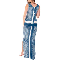 Comoros Tank Maxi Dress with Blue and White Traditional Geometric Pattern and National Flag Detail